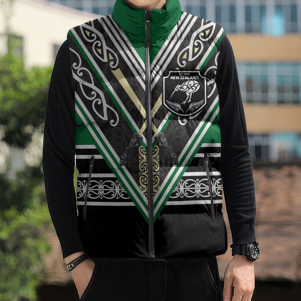 New Zealand Maori Rugby Custom Sleeveless Puffer Jacket Aotearoa Koru Geometric - Naturalistic Green