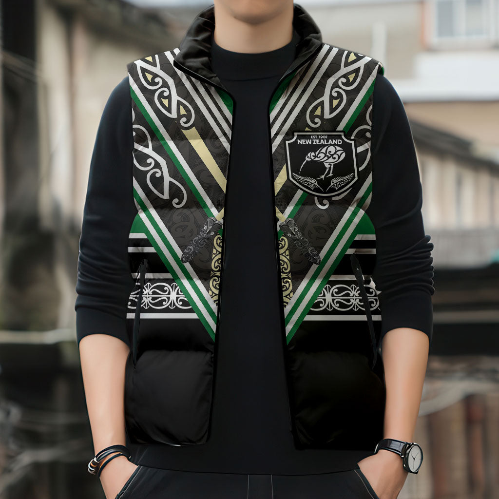 New Zealand Maori Rugby Custom Sleeveless Puffer Jacket Aotearoa Koru Geometric - Naturalistic Green