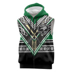 New Zealand Maori Rugby Custom Sleeveless Zip Hoodie Aotearoa Koru Geometric - Naturalistic Green