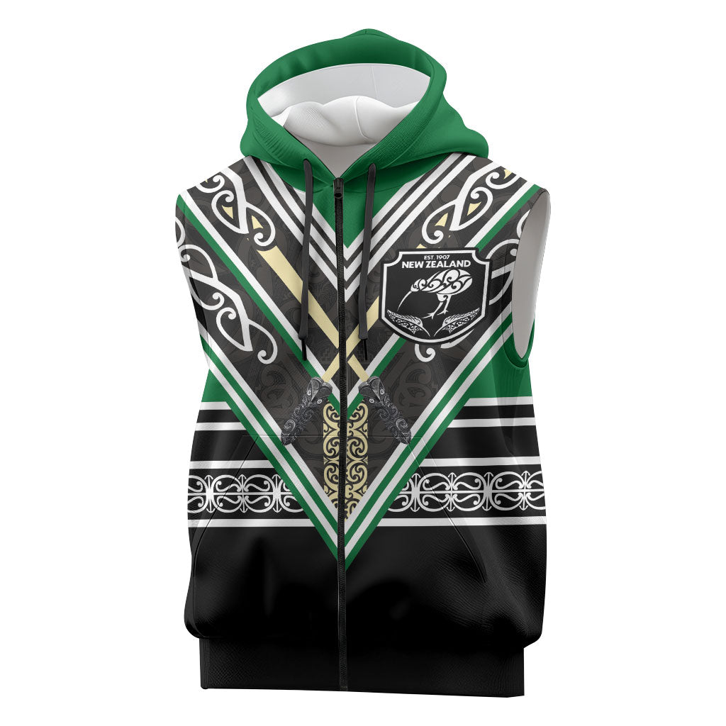 New Zealand Maori Rugby Custom Sleeveless Zip Hoodie Aotearoa Koru Geometric - Naturalistic Green