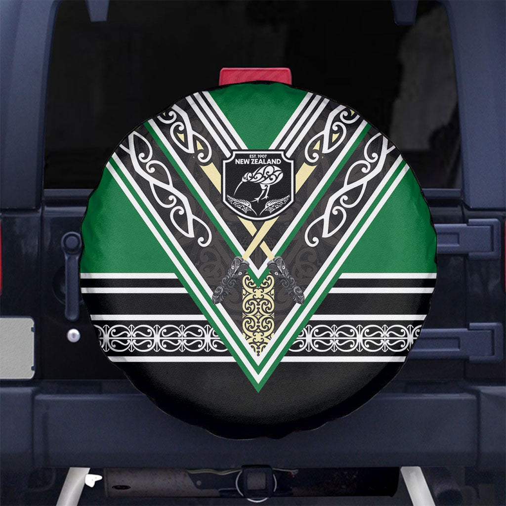 New Zealand Maori Rugby Spare Tire Cover Aotearoa Koru Geometric - Naturalistic Green