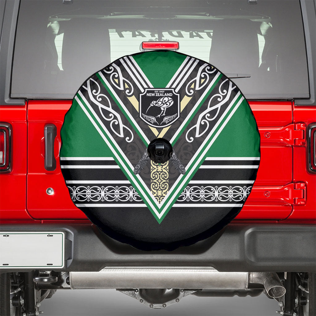 New Zealand Maori Rugby Spare Tire Cover Aotearoa Koru Geometric - Naturalistic Green