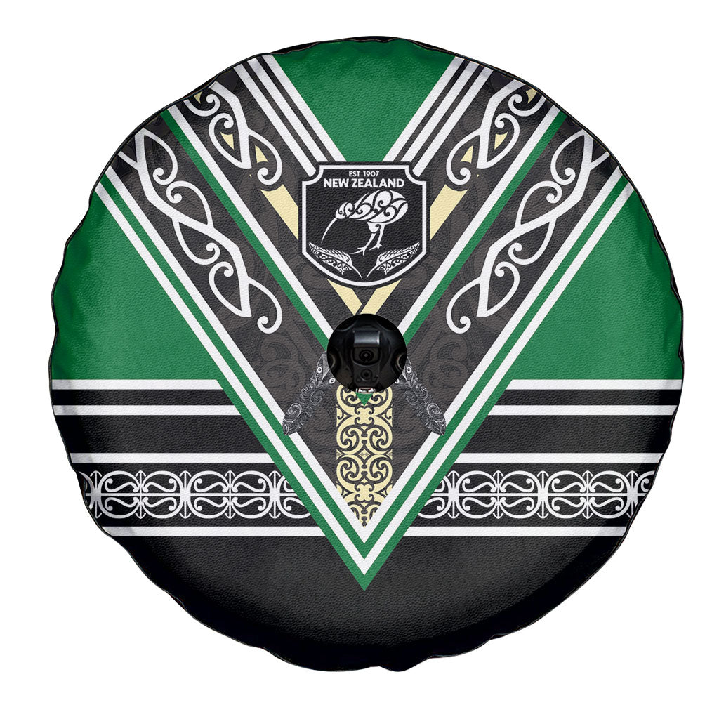 New Zealand Maori Rugby Spare Tire Cover Aotearoa Koru Geometric - Naturalistic Green