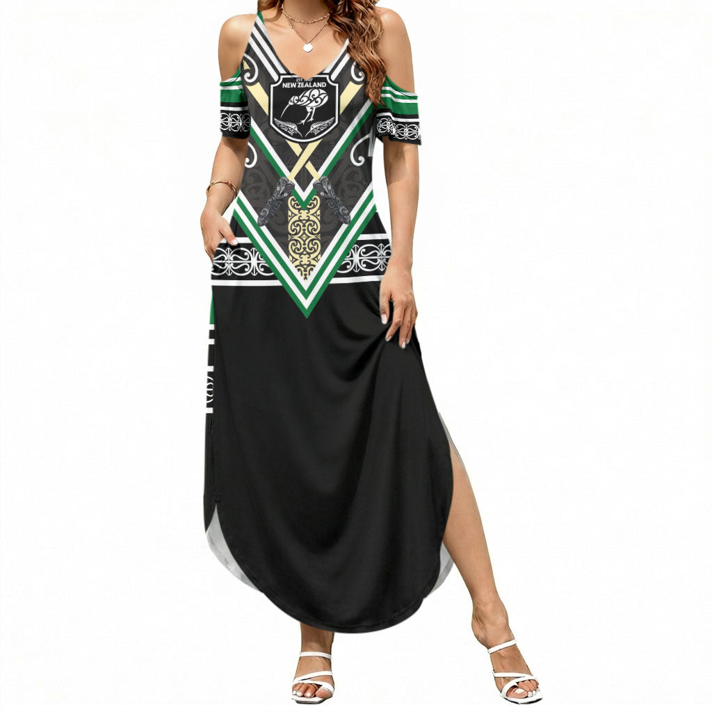 New Zealand Maori Rugby Custom Summer Maxi Dress Aotearoa Koru Geometric - Naturalistic Green