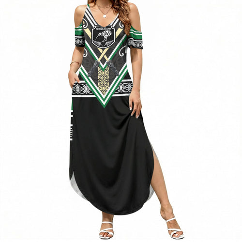 New Zealand Maori Rugby Custom Summer Maxi Dress Aotearoa Koru Geometric - Naturalistic Green