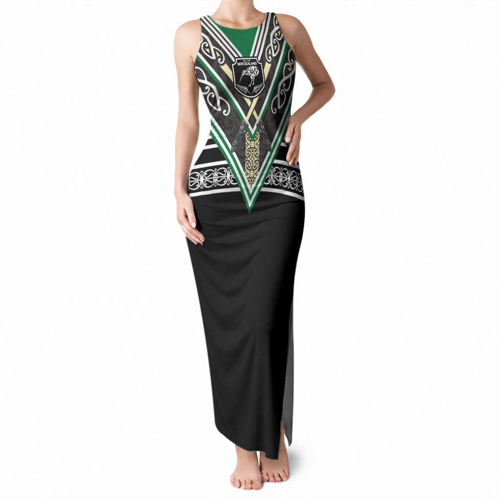 New Zealand Maori Rugby Custom Tank Maxi Dress Aotearoa Koru Geometric - Naturalistic Green