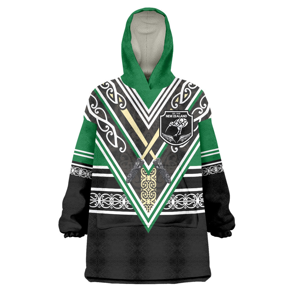 New Zealand Maori Rugby Custom Wearable Blanket Hoodie Aotearoa Koru Geometric - Naturalistic Green