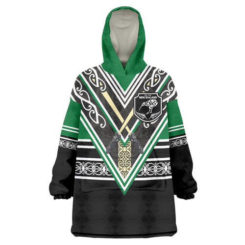 New Zealand Maori Rugby Custom Wearable Blanket Hoodie Aotearoa Koru Geometric - Naturalistic Green