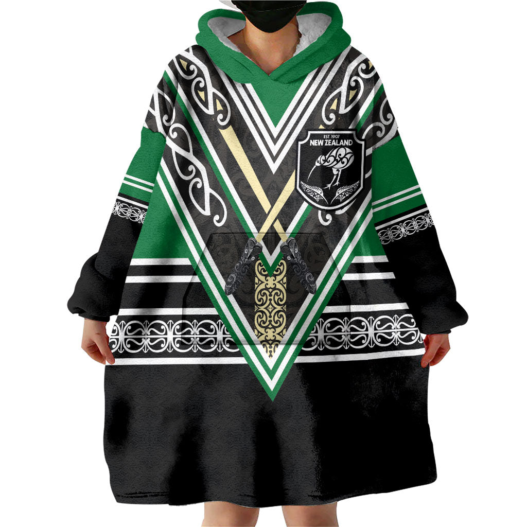 New Zealand Maori Rugby Custom Wearable Blanket Hoodie Aotearoa Koru Geometric - Naturalistic Green