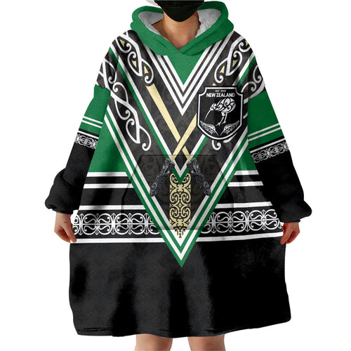 New Zealand Maori Rugby Custom Wearable Blanket Hoodie Aotearoa Koru Geometric - Naturalistic Green