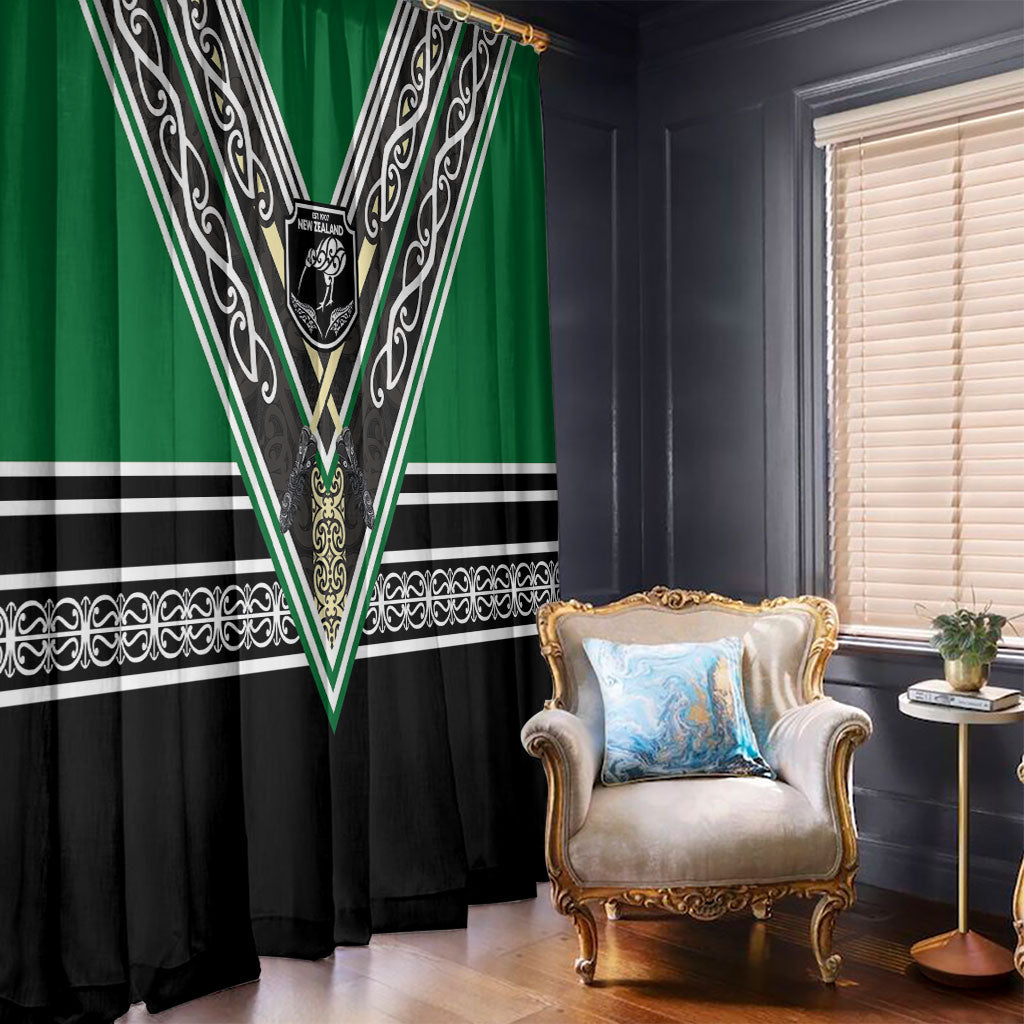 New Zealand Maori Rugby Window Curtain Aotearoa Koru Geometric - Naturalistic Green