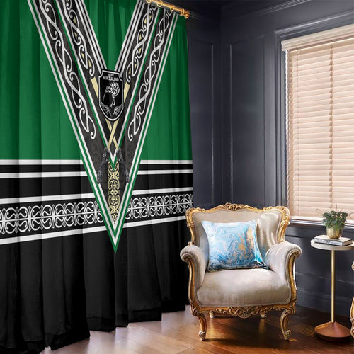 New Zealand Maori Rugby Window Curtain Aotearoa Koru Geometric - Naturalistic Green