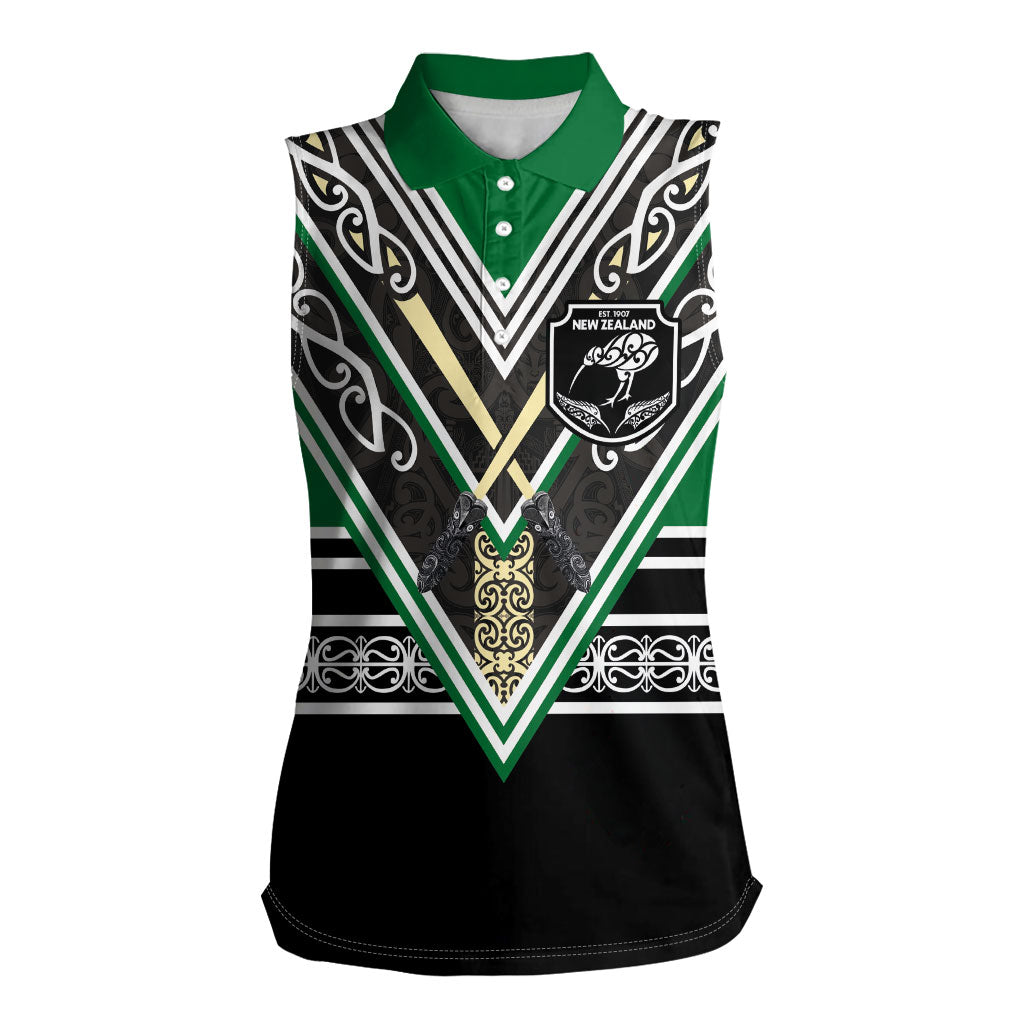 New Zealand Maori Rugby Custom Women Sleeveless Polo Shirt Aotearoa Koru Geometric - Naturalistic Green