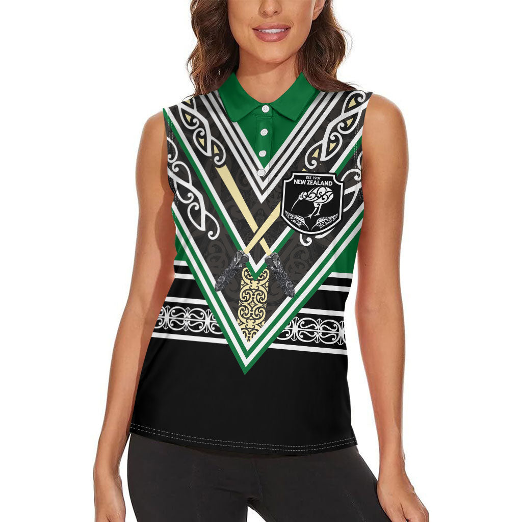 New Zealand Maori Rugby Custom Women Sleeveless Polo Shirt Aotearoa Koru Geometric - Naturalistic Green