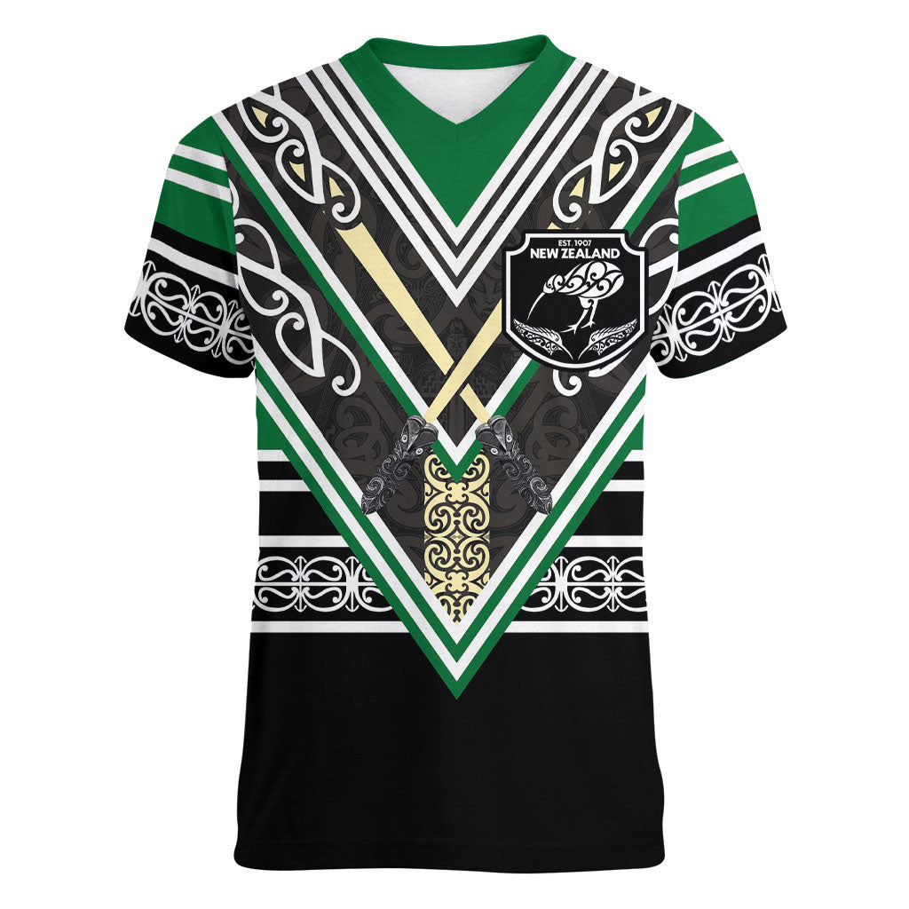New Zealand Maori Rugby Custom Women V-Neck T-Shirt Aotearoa Koru Geometric - Naturalistic Green