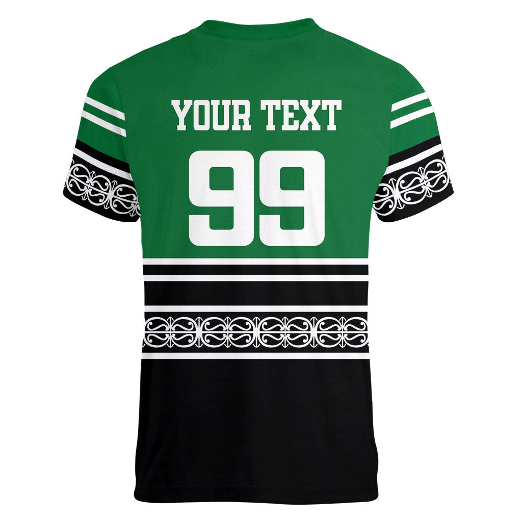 New Zealand Maori Rugby Custom Women V-Neck T-Shirt Aotearoa Koru Geometric - Naturalistic Green