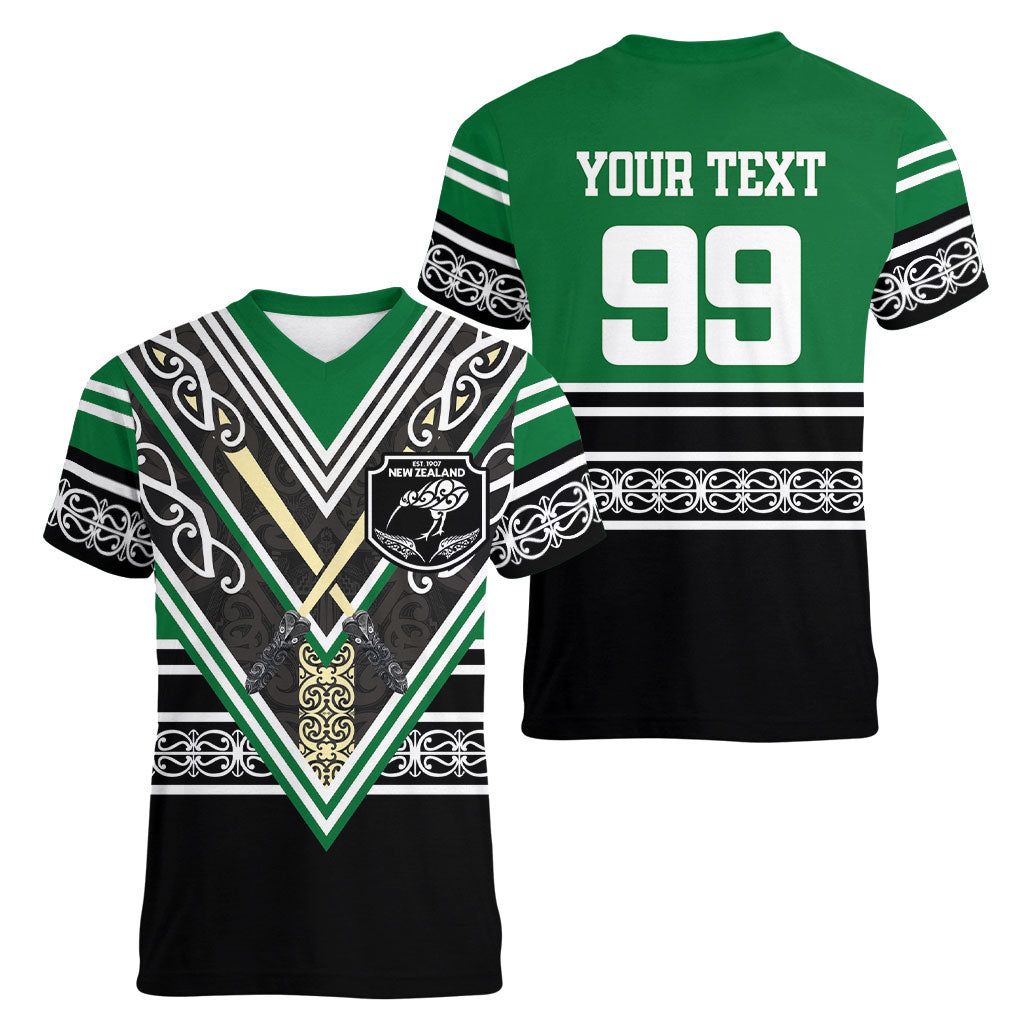 New Zealand Maori Rugby Custom Women V-Neck T-Shirt Aotearoa Koru Geometric - Naturalistic Green