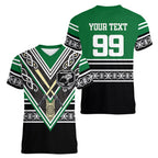 New Zealand Maori Rugby Custom Women V-Neck T-Shirt Aotearoa Koru Geometric - Naturalistic Green