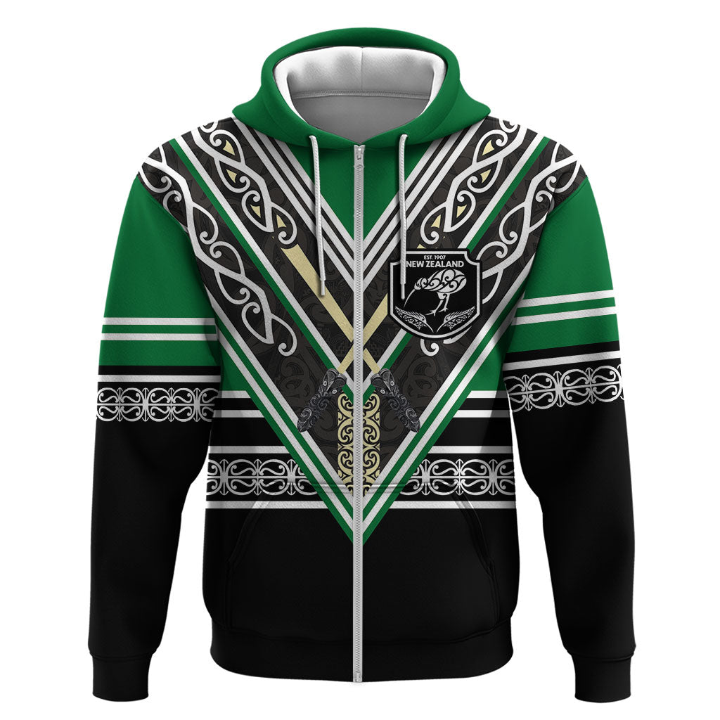 New Zealand Maori Rugby Custom Zip Hoodie Aotearoa Koru Geometric - Naturalistic Green