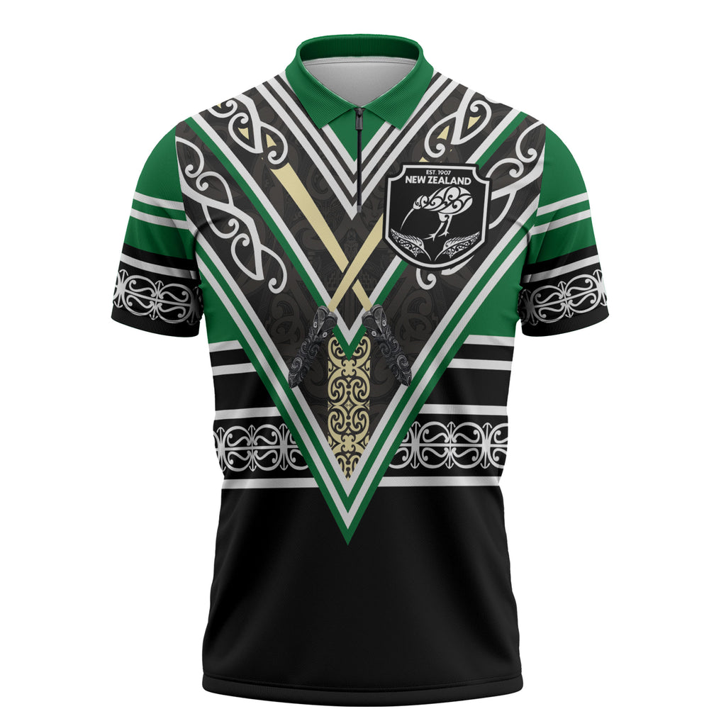 New Zealand Maori Rugby Custom Zipper Polo Shirt Aotearoa Koru Geometric - Naturalistic Green