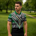 New Zealand Maori Rugby Custom Zipper Polo Shirt Aotearoa Koru Geometric - Naturalistic Green