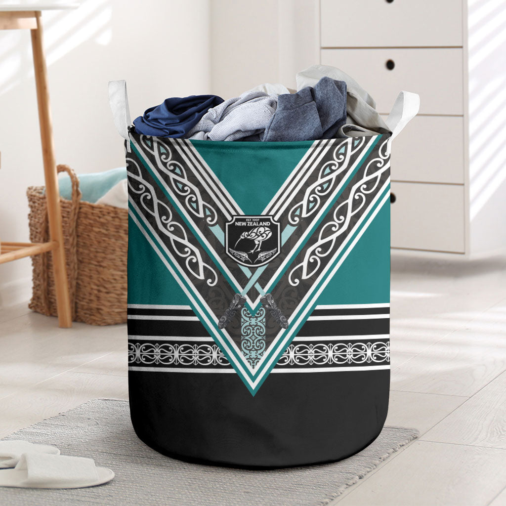 New Zealand Maori Rugby Laundry Basket Aotearoa Koru Geometric - Oceanic Color