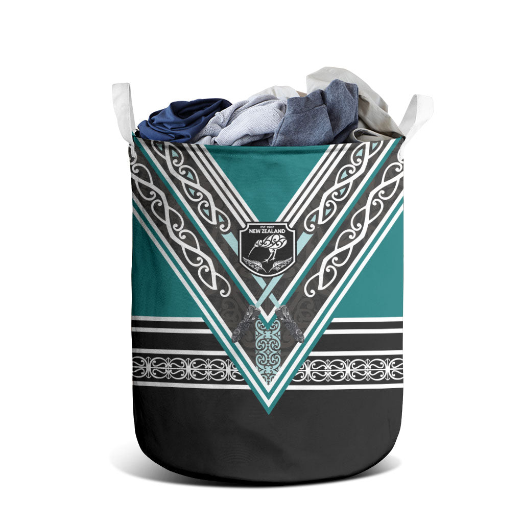 New Zealand Maori Rugby Laundry Basket Aotearoa Koru Geometric - Oceanic Color