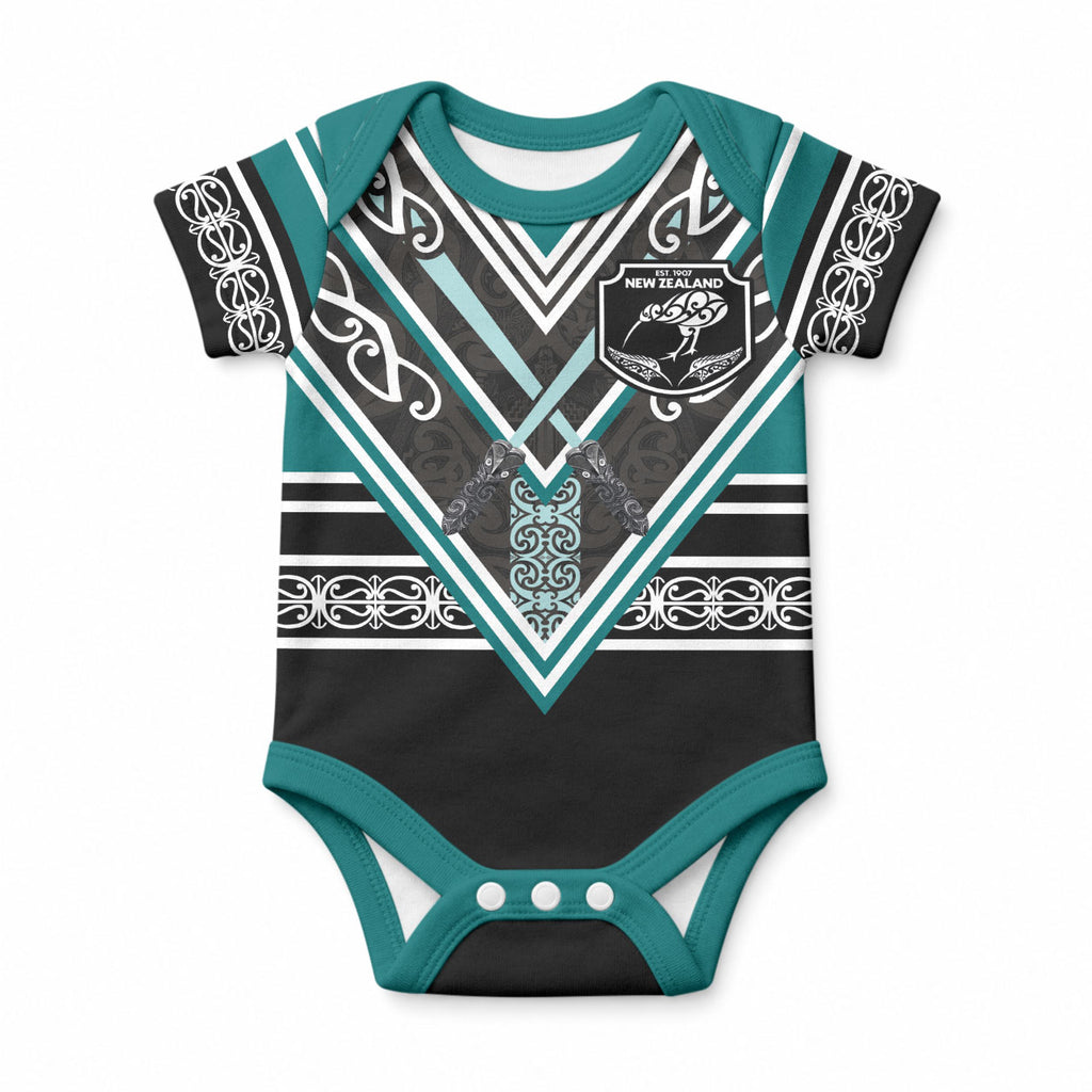 New Zealand Maori Rugby Custom Baby Onesie Aotearoa Koru Geometric - Oceanic Color