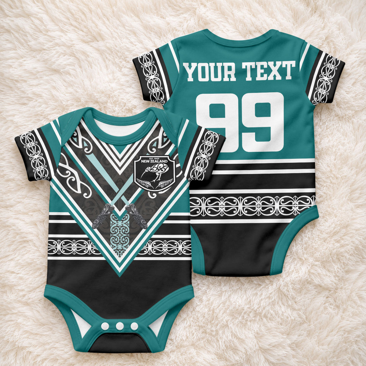 New Zealand Maori Rugby Custom Baby Onesie Aotearoa Koru Geometric - Oceanic Color