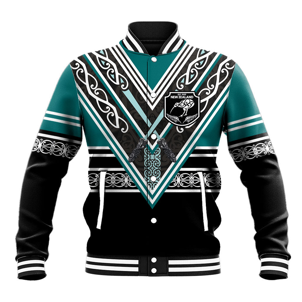 New Zealand Maori Rugby Custom Baseball Jacket Aotearoa Koru Geometric - Oceanic Color