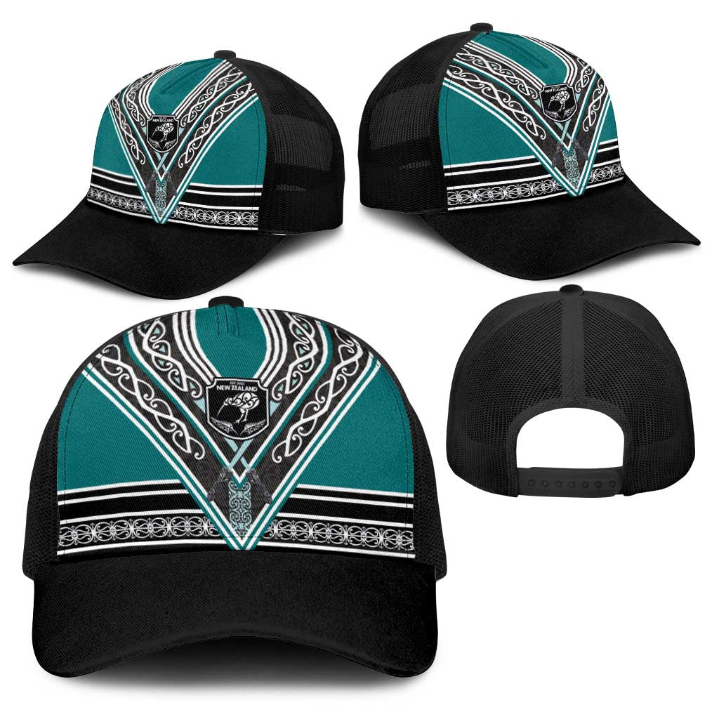 New Zealand Maori Rugby Baseball Net Cap Aotearoa Koru Geometric - Oceanic Color