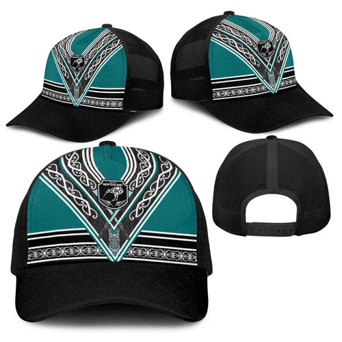 New Zealand Maori Rugby Baseball Net Cap Aotearoa Koru Geometric - Oceanic Color
