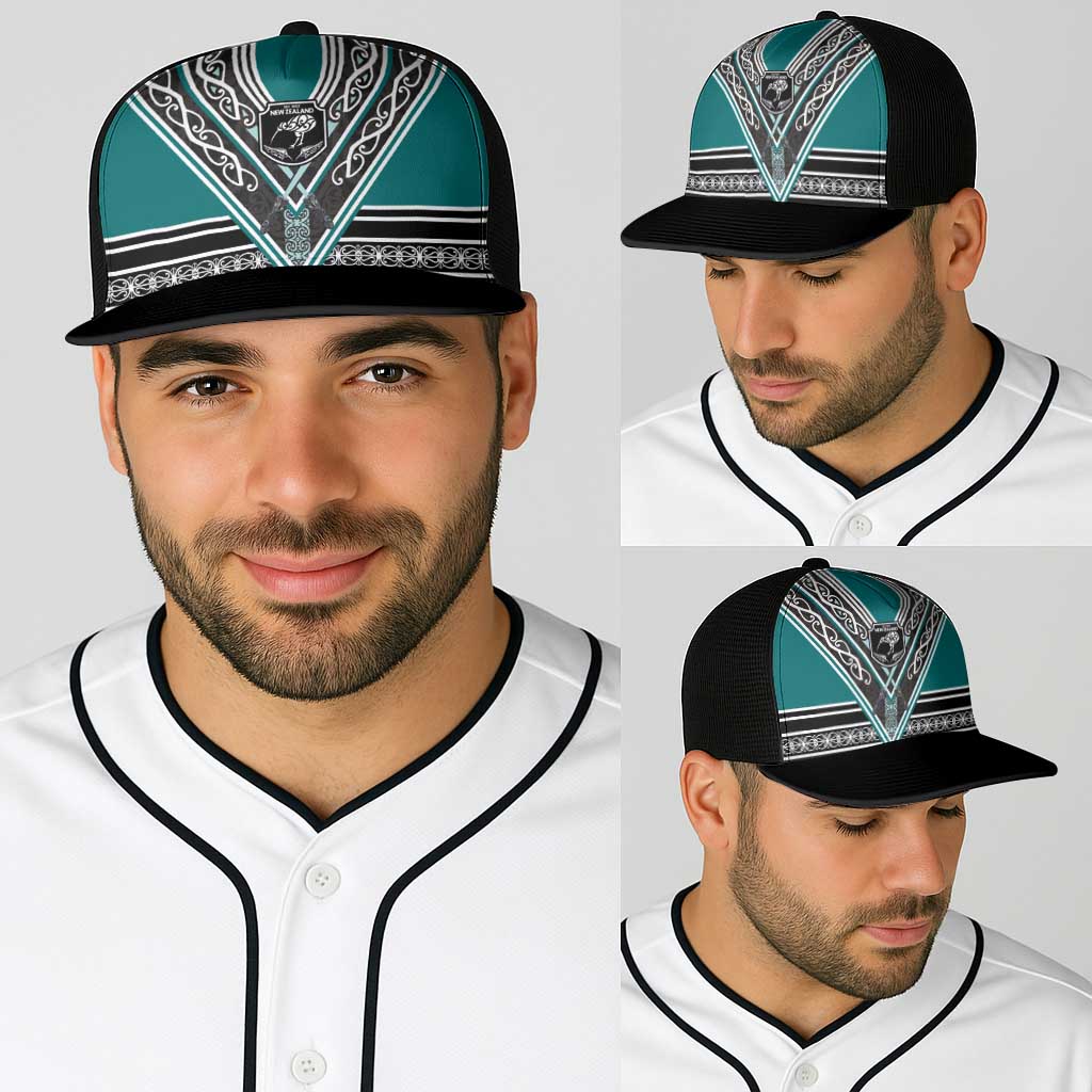 New Zealand Maori Rugby Baseball Net Cap Aotearoa Koru Geometric - Oceanic Color