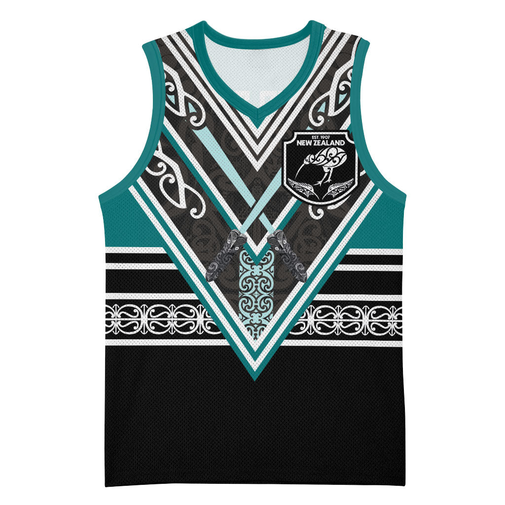 New Zealand Maori Rugby Custom Basketball Jersey Aotearoa Koru Geometric - Oceanic Color
