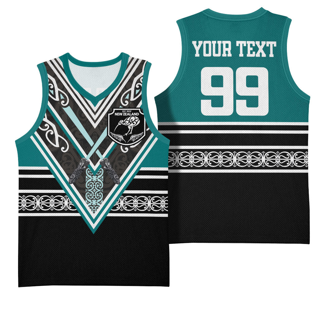 New Zealand Maori Rugby Custom Basketball Jersey Aotearoa Koru Geometric - Oceanic Color