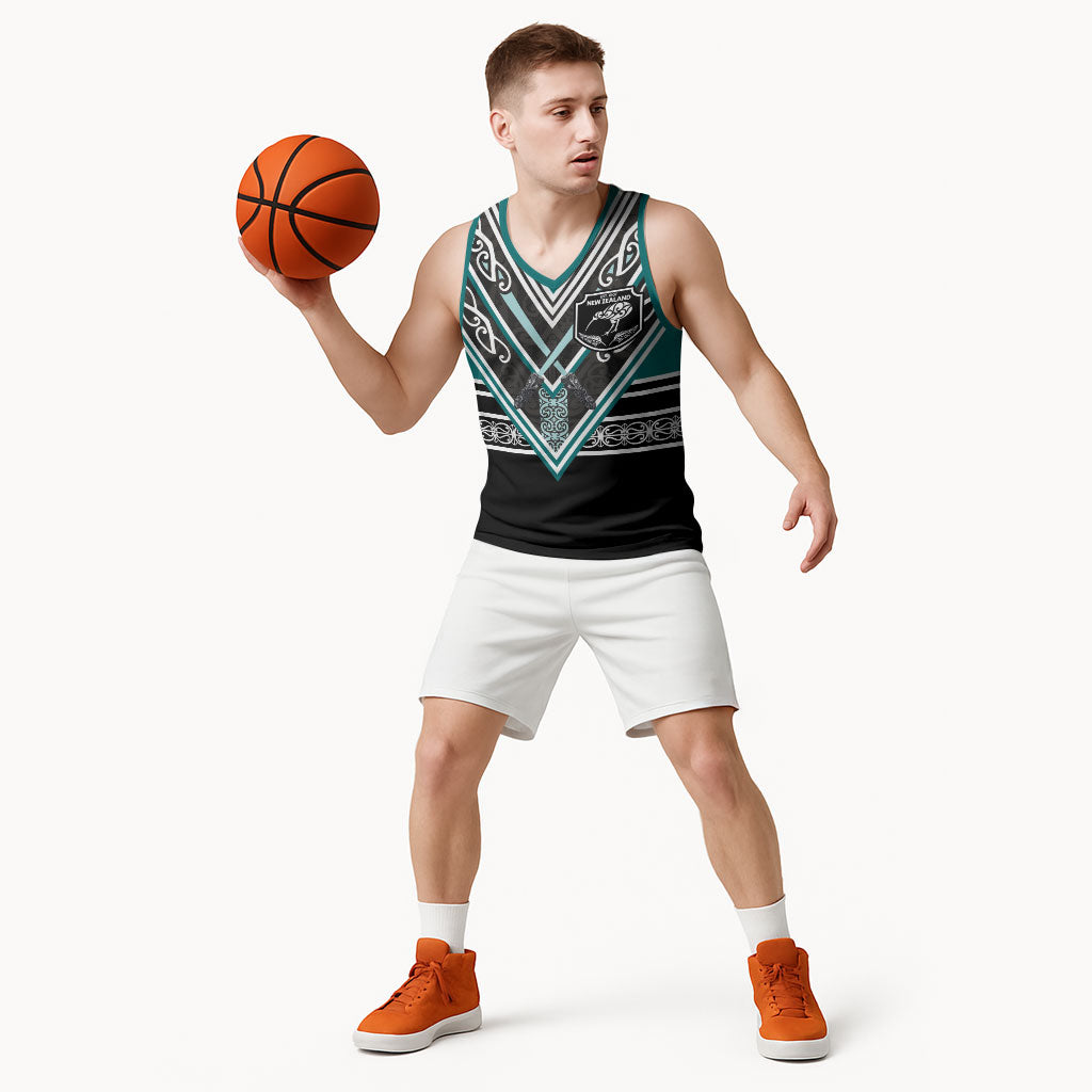 New Zealand Maori Rugby Custom Basketball Jersey Aotearoa Koru Geometric - Oceanic Color