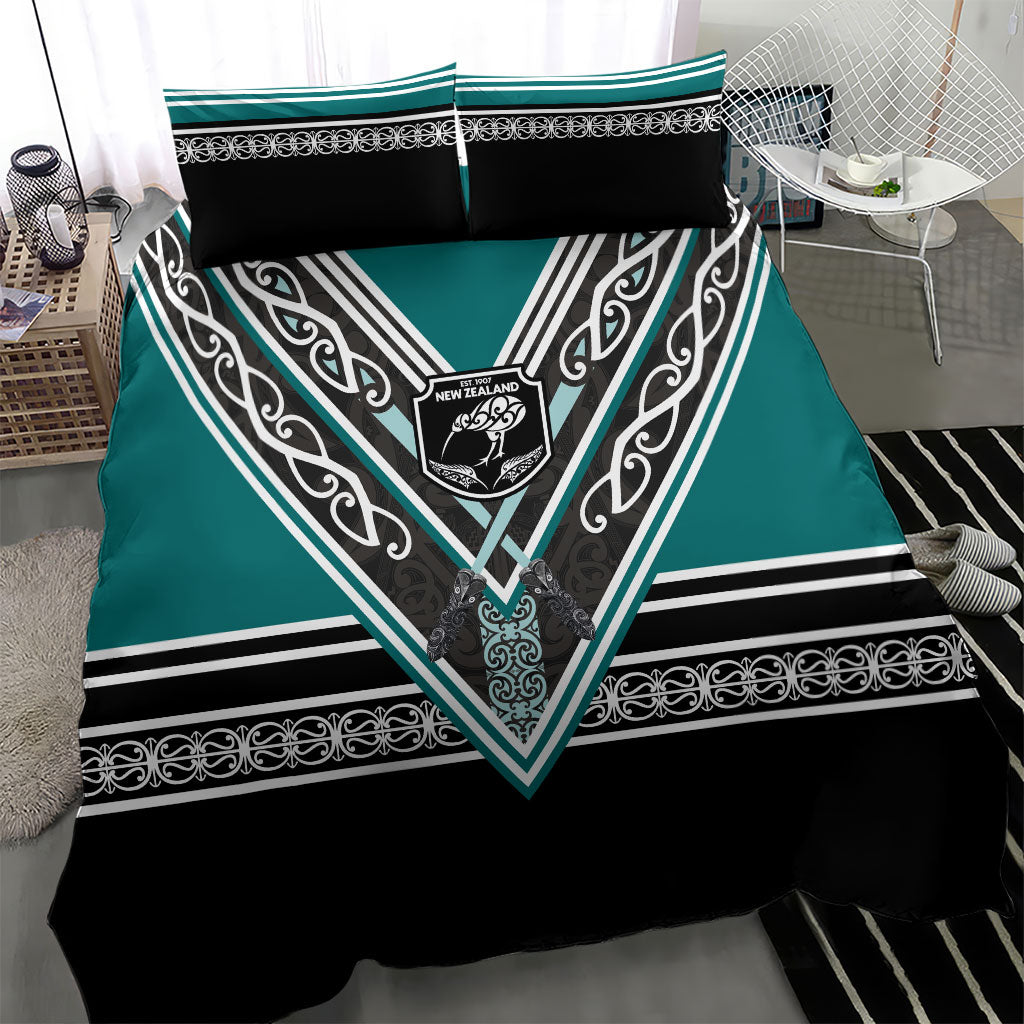 New Zealand Maori Rugby Bedding Set Aotearoa Koru Geometric - Oceanic Color