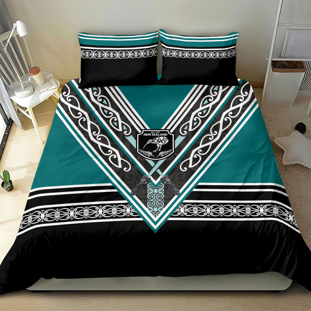 New Zealand Maori Rugby Bedding Set Aotearoa Koru Geometric - Oceanic Color