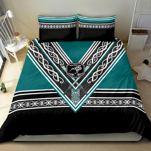 New Zealand Maori Rugby Bedding Set Aotearoa Koru Geometric - Oceanic Color
