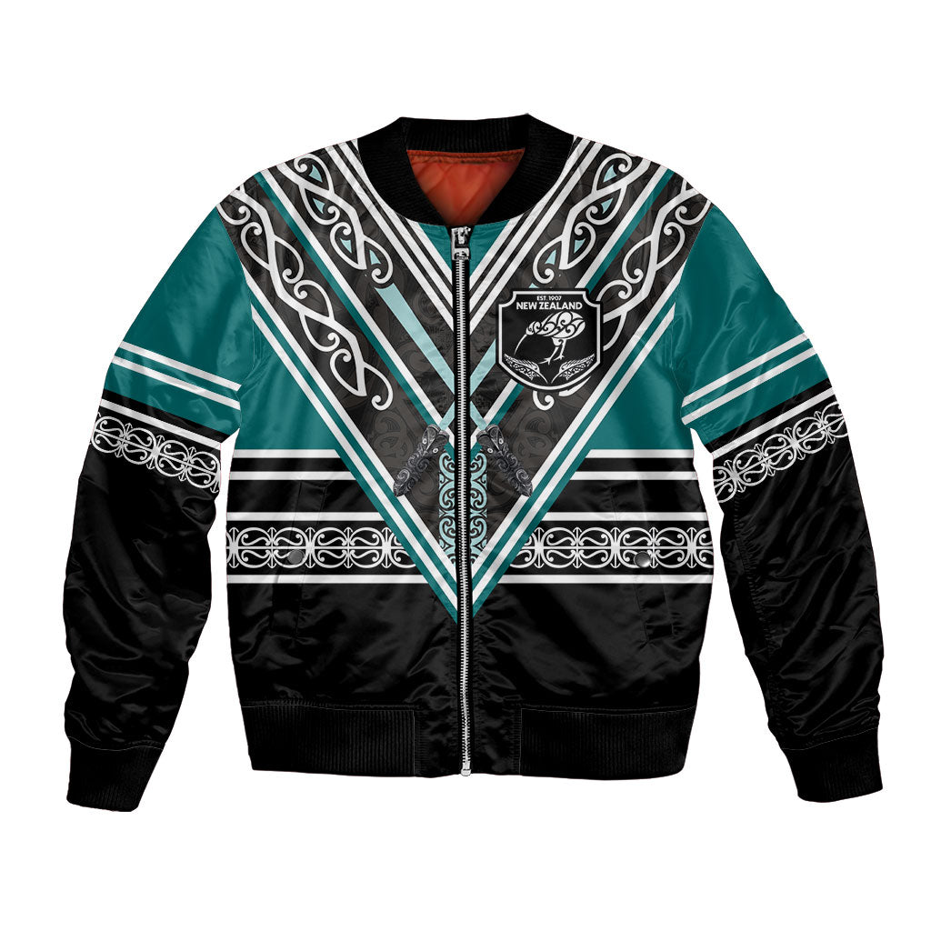 New Zealand Maori Rugby Custom Bomber Jacket Aotearoa Koru Geometric - Oceanic Color