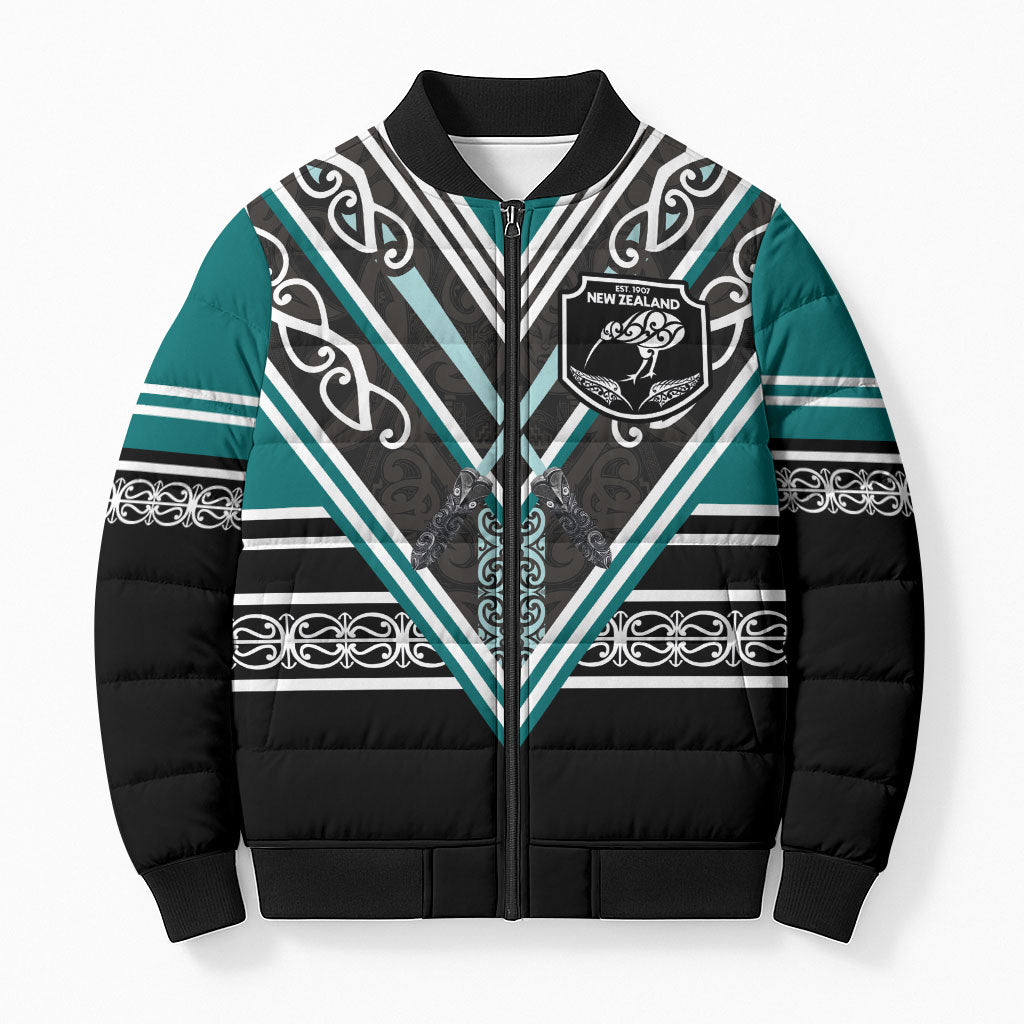 New Zealand Maori Rugby Custom Bomber Puffer Jacket Aotearoa Koru Geometric - Oceanic Color