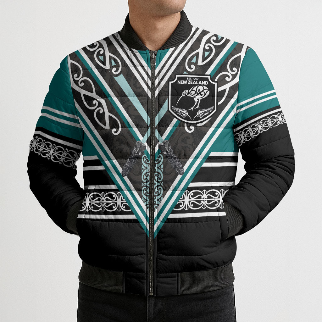 New Zealand Maori Rugby Custom Bomber Puffer Jacket Aotearoa Koru Geometric - Oceanic Color