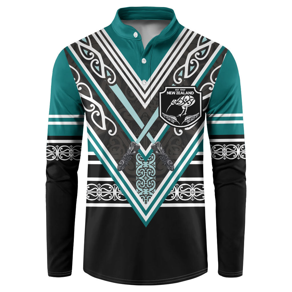 New Zealand Maori Rugby Custom Button Sweatshirt Aotearoa Koru Geometric - Oceanic Color