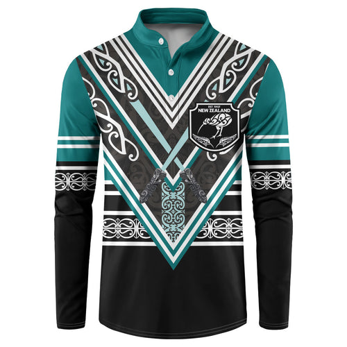 New Zealand Maori Rugby Custom Button Sweatshirt Aotearoa Koru Geometric - Oceanic Color