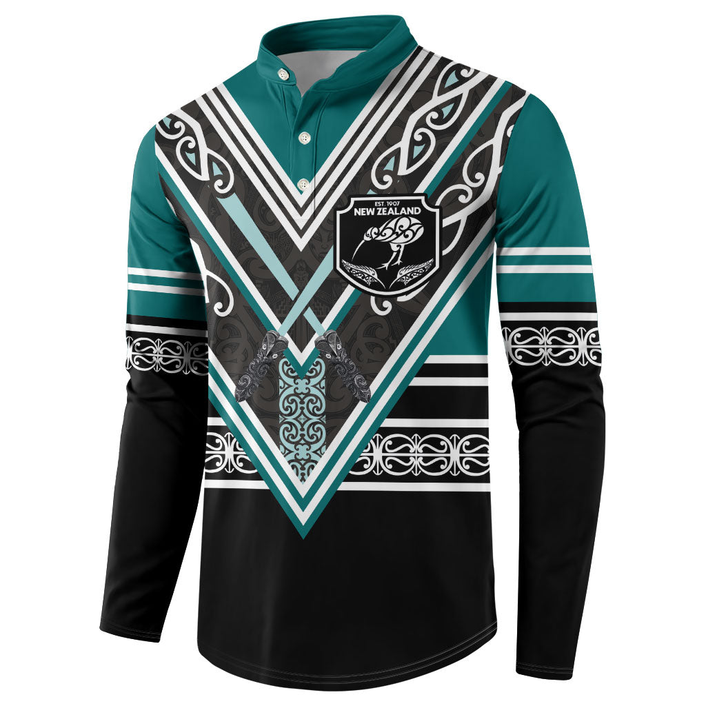 New Zealand Maori Rugby Custom Button Sweatshirt Aotearoa Koru Geometric - Oceanic Color