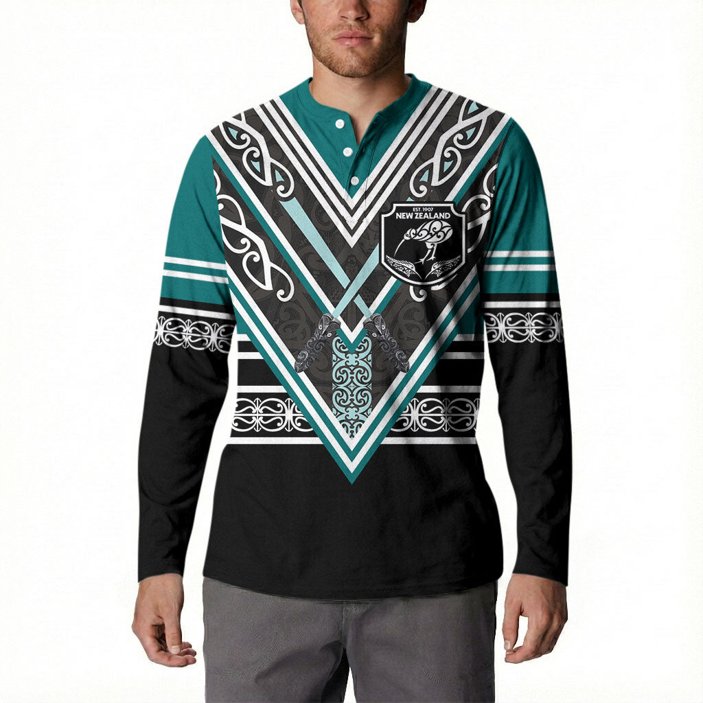 New Zealand Maori Rugby Custom Button Sweatshirt Aotearoa Koru Geometric - Oceanic Color