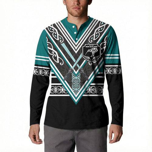 New Zealand Maori Rugby Custom Button Sweatshirt Aotearoa Koru Geometric - Oceanic Color
