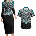 New Zealand Maori Rugby Custom Couples Matching Long Sleeve Bodycon Dress and Hawaiian Shirt Aotearoa Koru Geometric - Oceanic Color