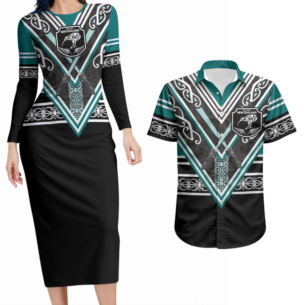 New Zealand Maori Rugby Custom Couples Matching Long Sleeve Bodycon Dress and Hawaiian Shirt Aotearoa Koru Geometric - Oceanic Color