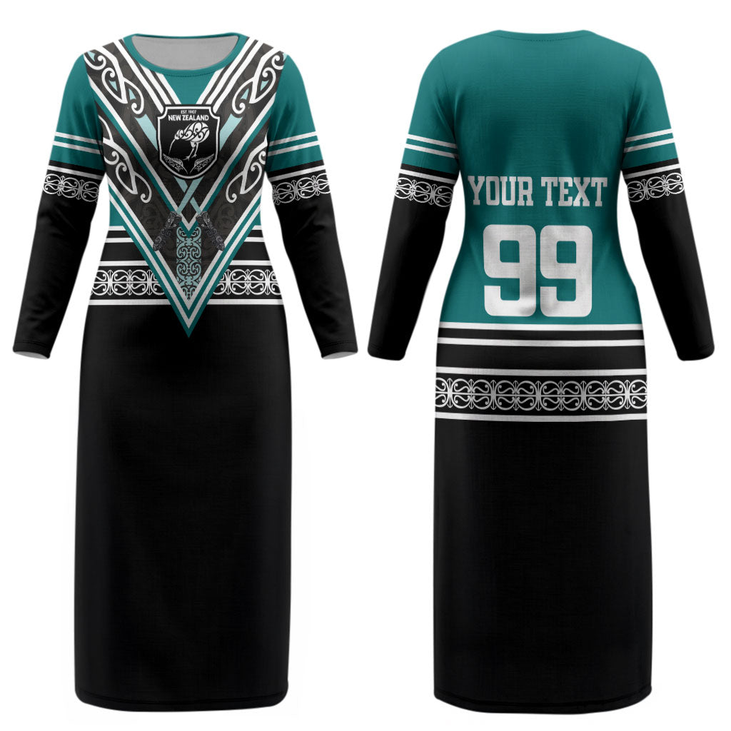 New Zealand Maori Rugby Custom Couples Matching Long Sleeve Bodycon Dress and Hawaiian Shirt Aotearoa Koru Geometric - Oceanic Color